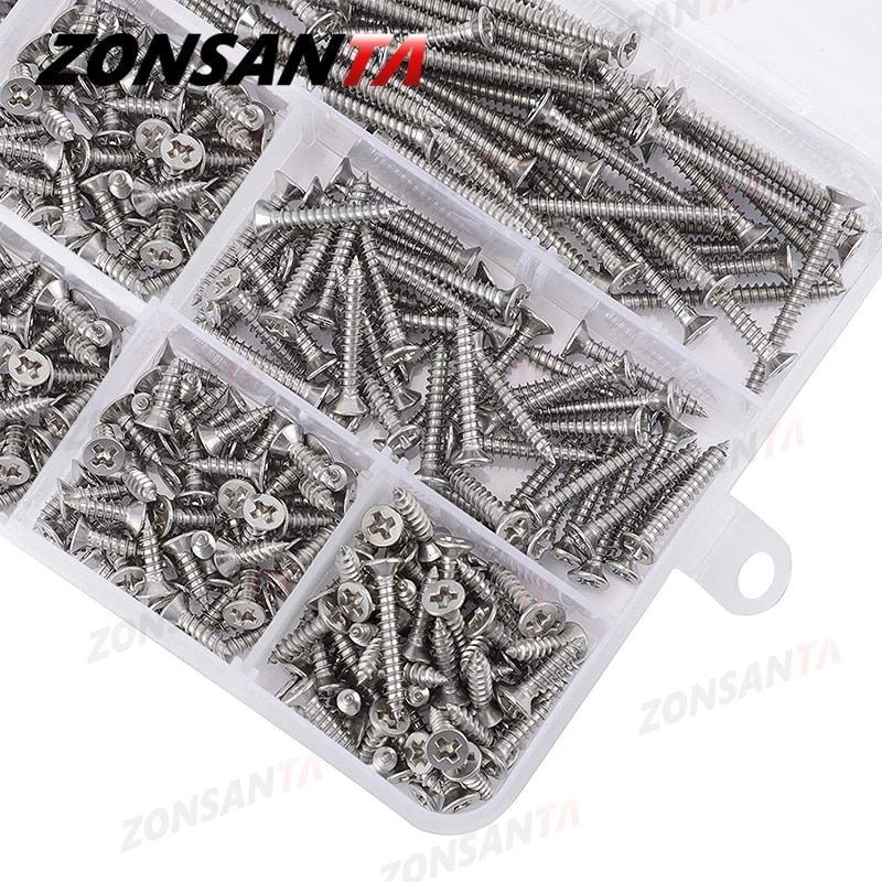 ZONSANTA 500Pcs M3 Tapping Cross Flat Head Self Screw  Assortment Kit Wood Thread Nail Screw Sets Countersunk Head Fiber Screws - KiwisLove