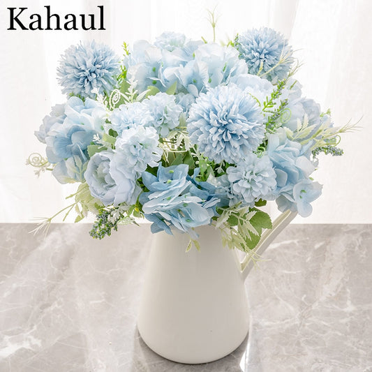 Hydrangea Artificial Flowers Peony Bouquet Silk Ball Blooming Fake Flower Wedding Centerpieces Stage Home Table Decoration Blue - KiwisLove