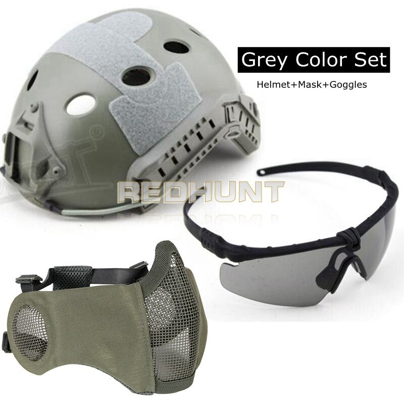 Tactical PJ Fast Helmet Hunting Paintball Half Face Mask Army War Game Motorcycle Helmet with UV Protection Glasses - KiwisLove