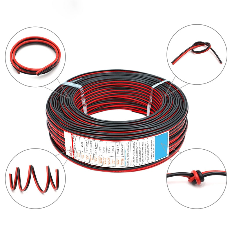 1/5M Red/Black Red/White RVB 2 Pins Electrical Wire 22 20 18 16 14 12AWG  PVC Insulated Bare Copper UL2468 Power Lines LED Cable - KiwisLove