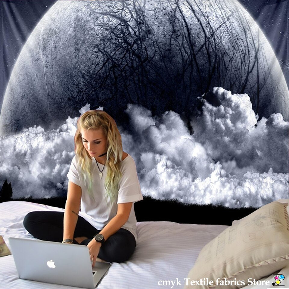 Black and White Moon Tapestry Starry Sky Printing Tapestry Wall Beach Blanket Picnic Yoga Mat Living Room Decor - KiwisLove