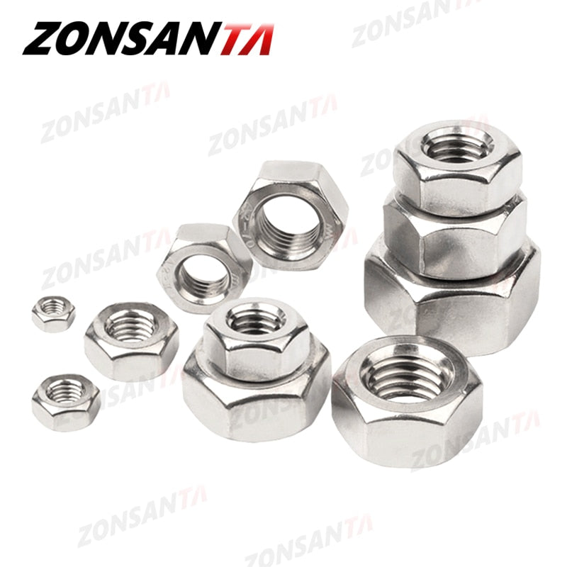 ZONSANTA Metric 304 Stainless Steel Hex Hexagon Nut DIN934 M1 M1.2 M1.4 M1.6 M2 M2.5 M3 M4 M5 M6 M8 M10 M12 M16 M20 Screw Nuts - KiwisLove