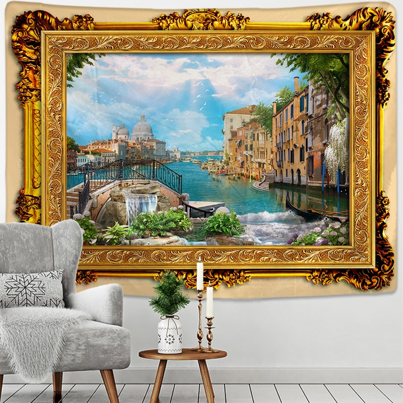 Fake Frame Tapestry Wall Hanging River Sky Clouds Bohemian Dorm Decor Yoga Mat Rug Architectural Attraction Venice - KiwisLove