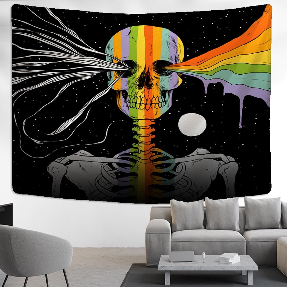 Nordic Style Skull Astronaut Tapestry Flowers Rainbow Moon Starry Sky Mandala Carpet Black Skull Witchcraft Wall Hanging Blanket - KiwisLove
