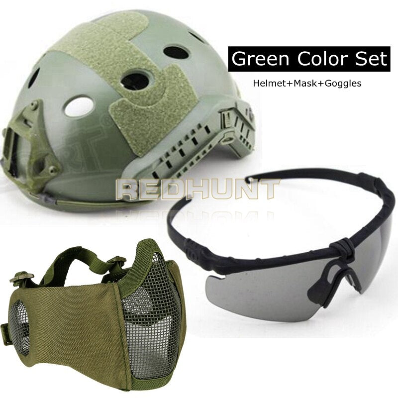 Tactical PJ Fast Helmet Hunting Paintball Half Face Mask Army War Game Motorcycle Helmet with UV Protection Glasses - KiwisLove