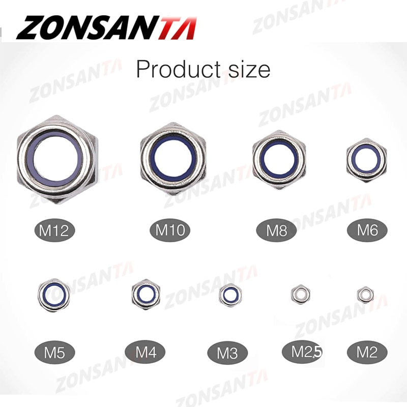 ZONSANTA 265Pcs Nylon Lock Nut M2 M2.5 M3 M4 M5 M6 M8 M10 M12 Hex Hexagon Self LockNut Set Stainless Steel Locking Nuts Kit - KiwisLove