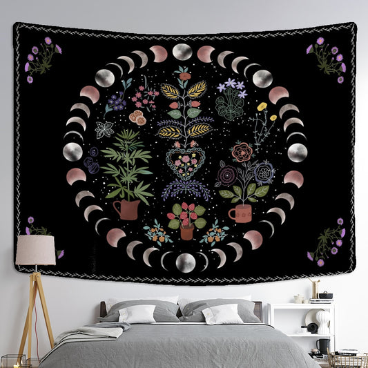 Moon Phase Tapestry Wall Hanging Plants Celestial Flowers Starry Sky Bohemian Witchcraft Hippie Home Decor - KiwisLove
