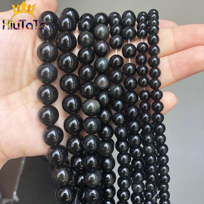 Natural Stone Beads Smooth Black Obsidian Round Loose Beads For Jewelry Making DIY Bracelet Charms Accessories 15&quot; 4/6/8/10/12mm - KiwisLove