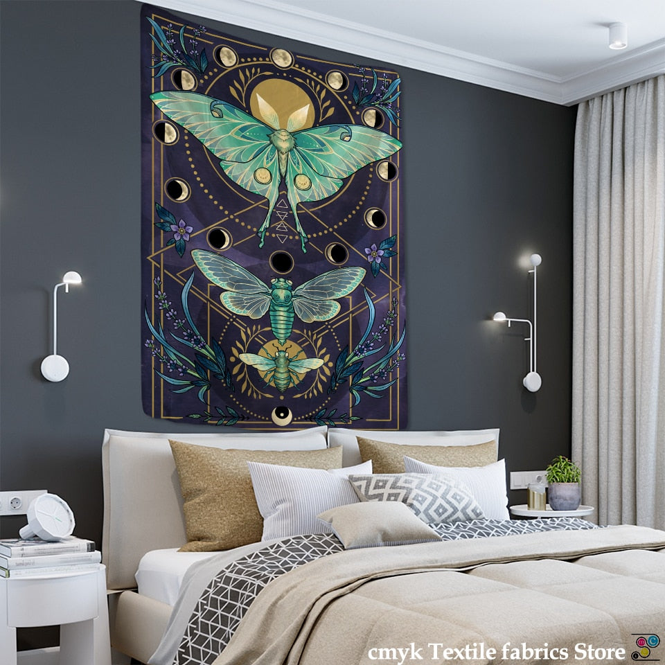 Moon Phase Butterfly Tapestry Wall Hanging Psychedelic Mysterious Witchcraft Bohemian Style Aesthetics Room Home Decor - KiwisLove