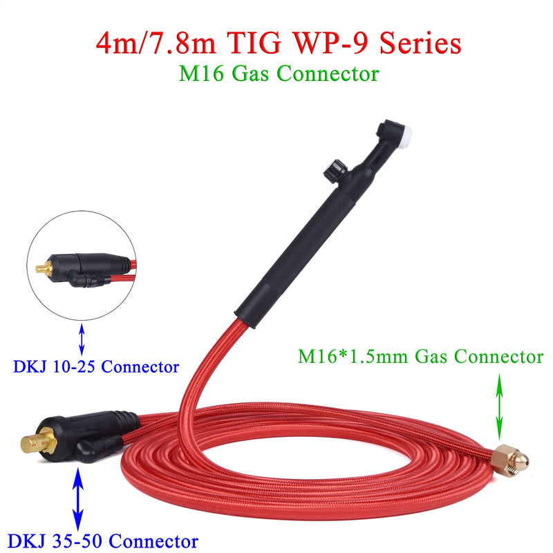 4M/13ft 7.8M/25.6ft WP9F 9FV TIG Welding Torch Soft Hose Cable Wires M16*1.5mm Gas Connector DKJ 10-25 35-50 Power Connector - KiwisLove