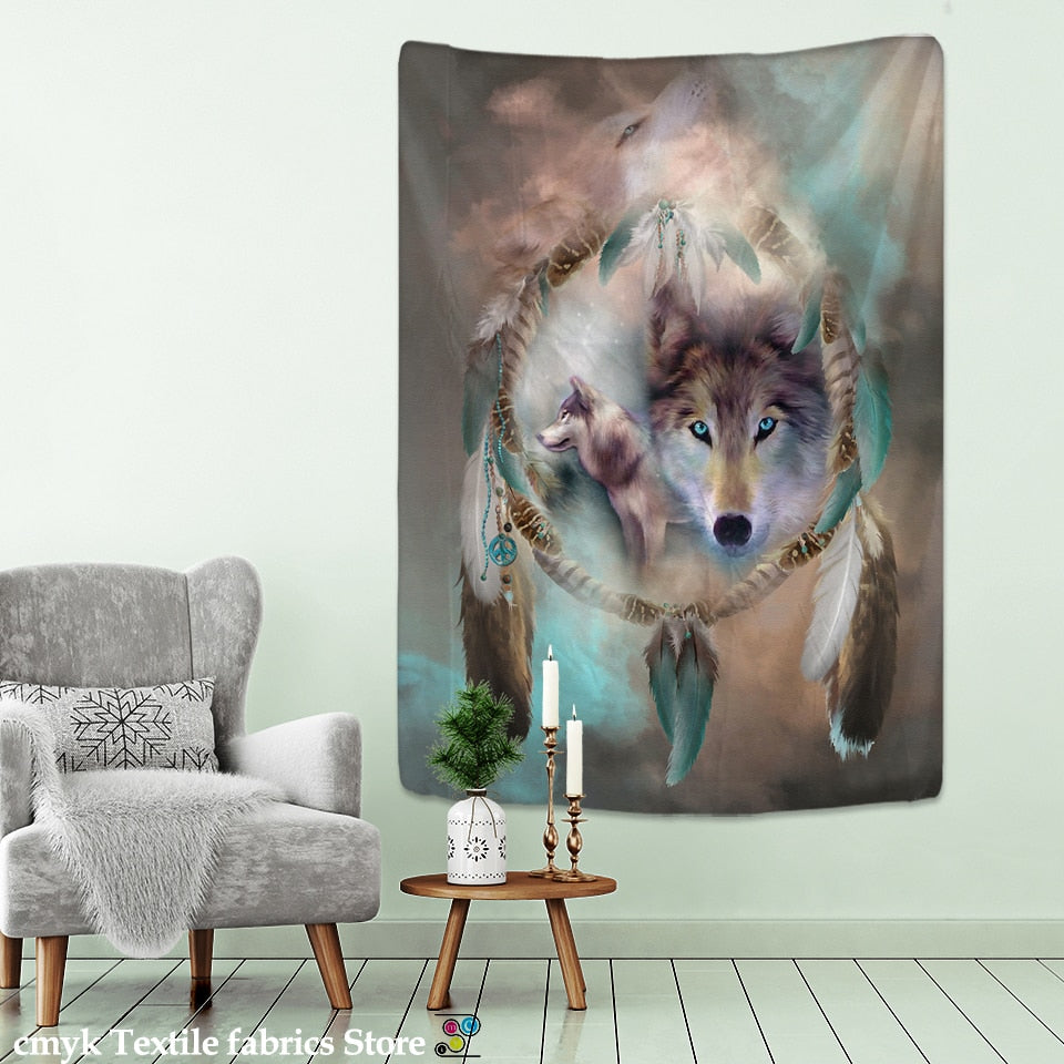 Running wolves Holy Animals Tapestry Decoration Wall Hanging Lion Wolf Tiger Pattern Background Wall Tapestry Home Textile - KiwisLove