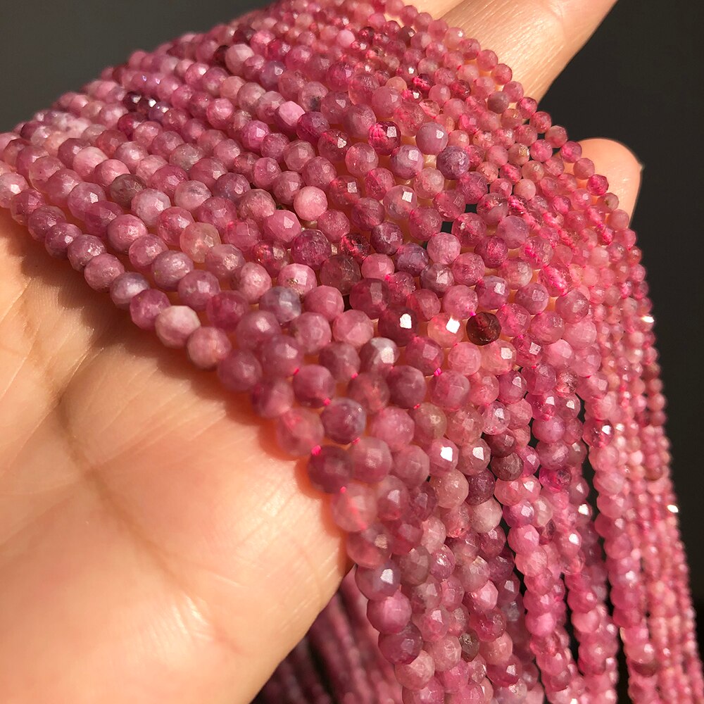 Natural Gem Stone Beads Faceted Fuschia Tourmaline Loose Spacer Beads for Jewelry Making DIY Bracelet Accessories 15'' 2 3 4mm - KiwisLove