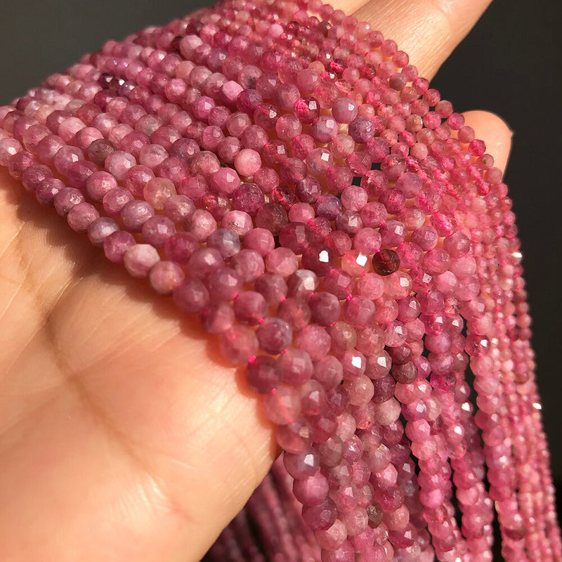 Natural Gem Stone Beads Faceted Fuschia Tourmaline Loose Spacer Beads for Jewelry Making DIY Bracelet Accessories 15&#39;&#39; 2 3 4mm