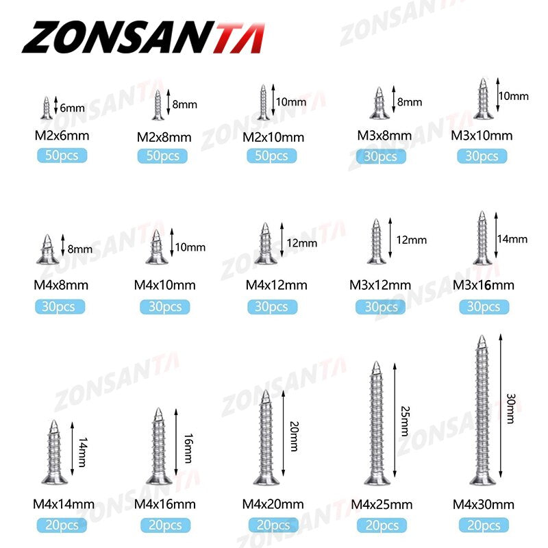 ZONSANTA M2 M3 M4 Self Tapping Screw Cross Countersunk Head Wood Screw Set 304 stainless steel Phillips Flat Head Screws DIY - KiwisLove