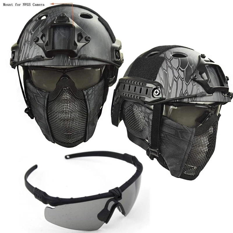 Tactical PJ Fast Helmet Hunting Paintball Half Face Mask Army War Game Motorcycle Helmet with UV Protection Glasses - KiwisLove