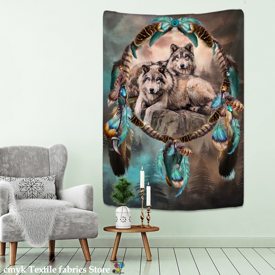 Running wolves Holy Animals Tapestry Decoration Wall Hanging Lion Wolf Tiger Pattern Background Wall Tapestry Home Textile - KiwisLove