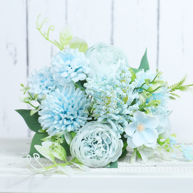 Roses Artificial Flowers White Silk Peony High Quality Sky Blue Bride Bouquet Wedding Decor Fake Flower Home Accessories Craft - KiwisLove
