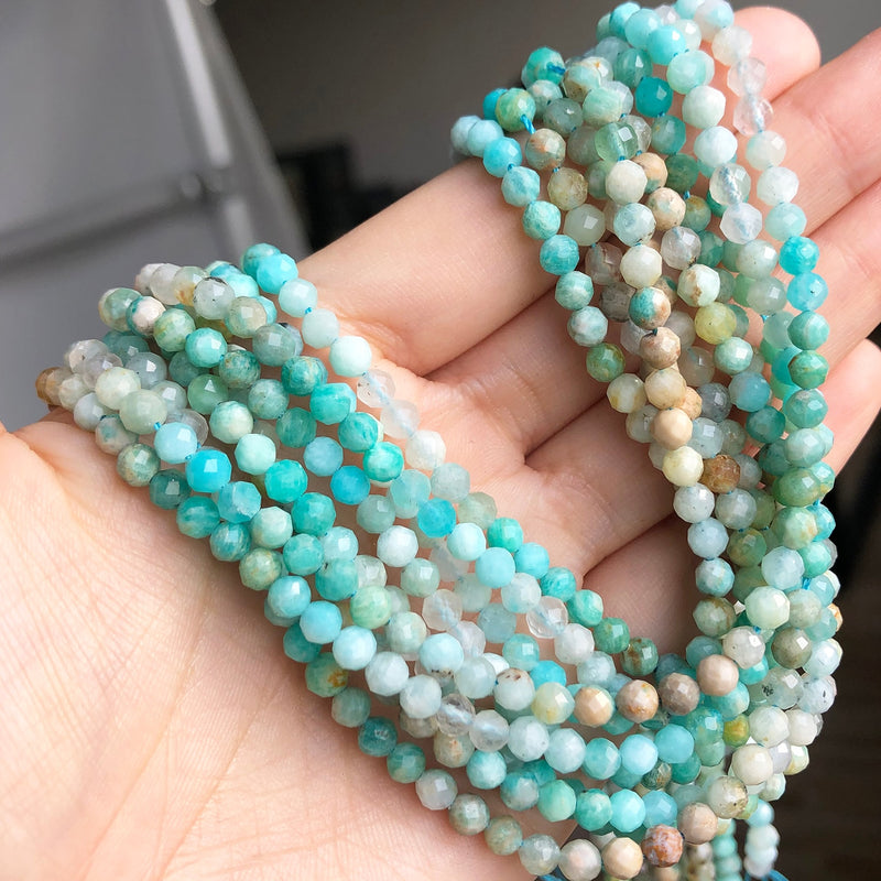 4mm Natural Gem Stone Faceted Blue Amazonite Loose Spacer Beads for Jewelry DIY Making Bracelet Earrings Accessories 15&#39;&#39;Inches