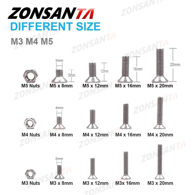 ZONSANTA 440pcs Hex Socket Flat Head Screws Bolts and Nuts Set M3 M4 M5 304 Stainless Steel  Mechanical Bolt Furniture Screws - KiwisLove
