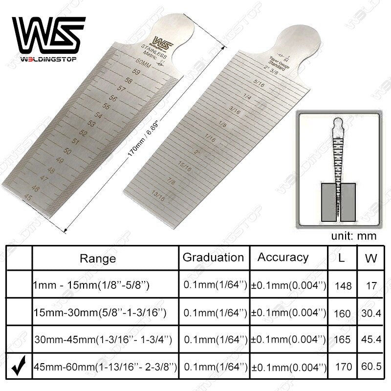 Welding Taper Gauge 45-60mm gap hole size inspection ulnar metric &amp; inch gage measuring tool - KiwisLove