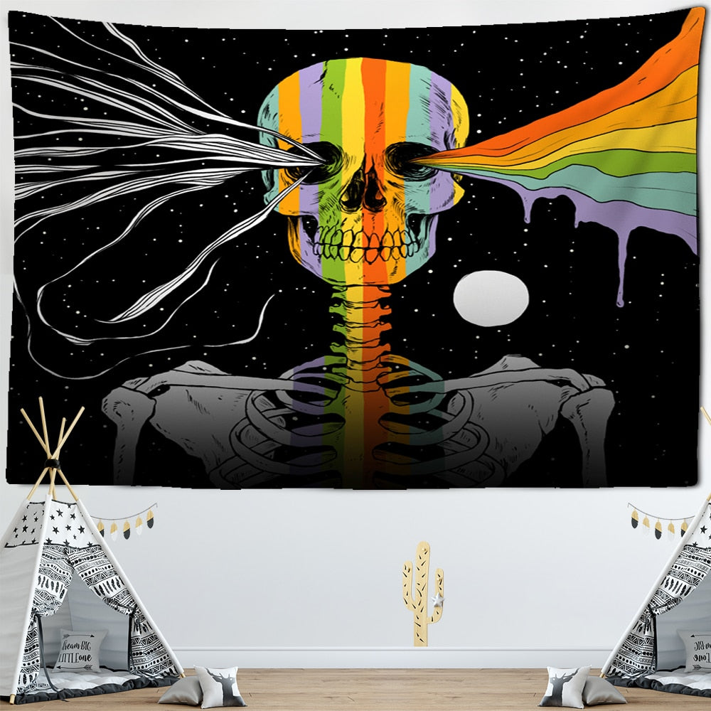 Nordic Style Skull Astronaut Tapestry Flowers Rainbow Moon Starry Sky Mandala Carpet Black Skull Witchcraft Wall Hanging Blanket - KiwisLove