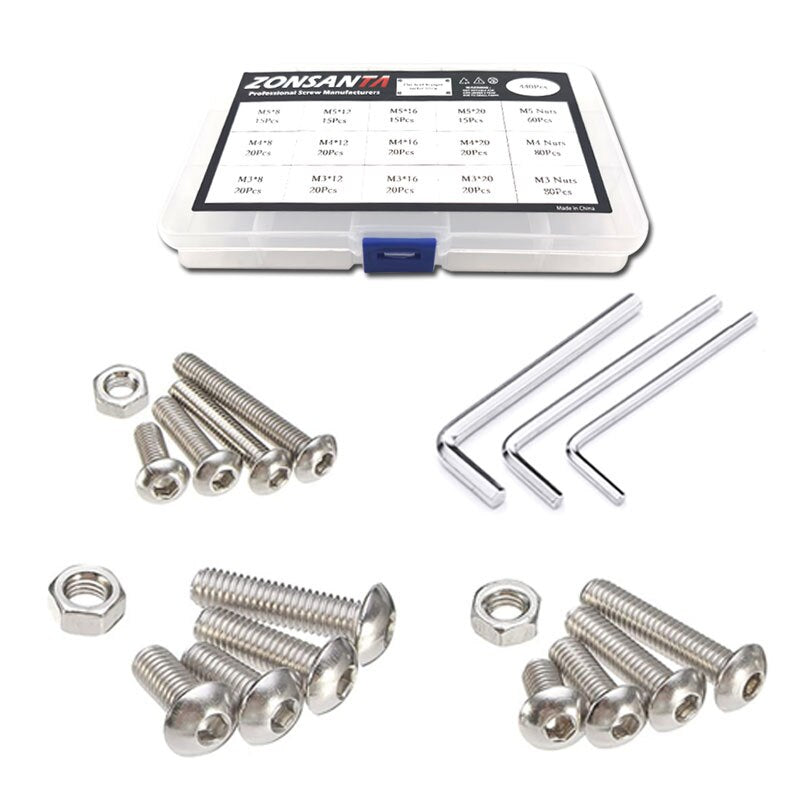 ZONSANTA 440Pcs M3 M4 M5 Bolt and Nuts Hex Hexagon Socket Screw Set Stainless Steel Round Flat Cap Head Screw Kit Allen bolt Set - KiwisLove