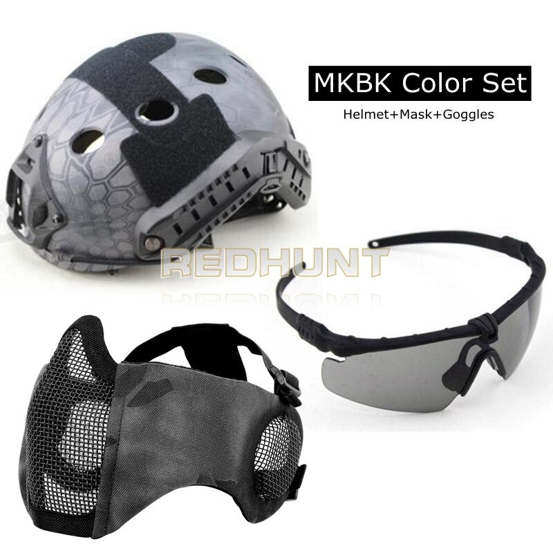 Tactical PJ Fast Helmet Hunting Paintball Half Face Mask Army War Game Motorcycle Helmet with UV Protection Glasses - KiwisLove