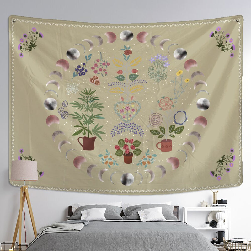 Moon Phase Tapestry Wall Hanging Plants Celestial Flowers Starry Sky Bohemian Witchcraft Hippie Home Decor - KiwisLove