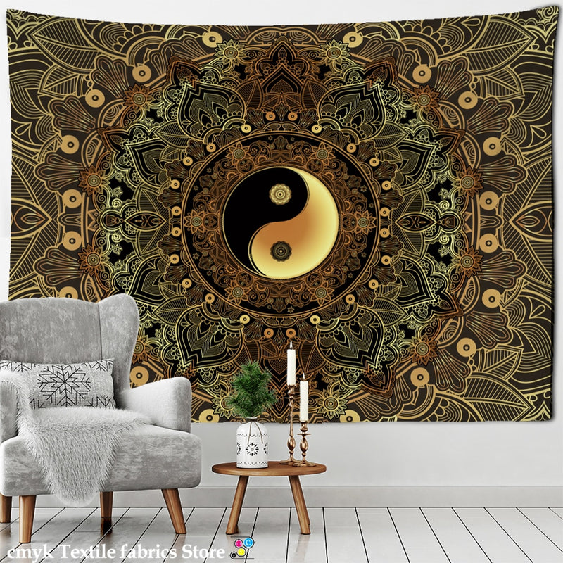 Mandala Pattern Tapestry Psychedelic Tai Chi Wall Hanging Dark Hippie Aesthetics Room Dormitory Living Home Decor - KiwisLove