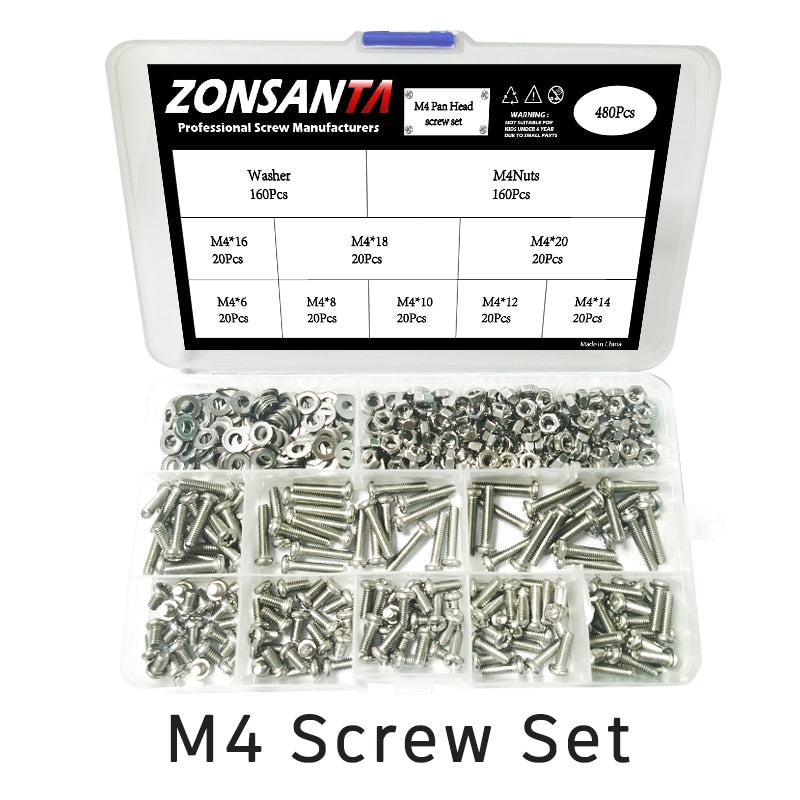 ZONSANTA 480/660pcs Cross Round Head Screw Set M2 M2.5 M3 M4 Nut Washer Stainless Steel Phillips Recessed Pan Head Machine Screw - KiwisLove