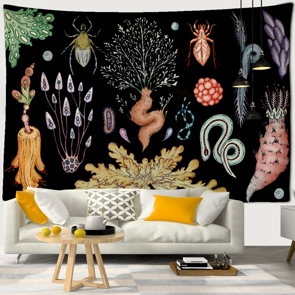Plant Cactus Tapestry Wall Hanging Psychedelic Witchcraft Moon Starry Sky Mushroom Illustration Hippie Boho Style Home Decor - KiwisLove