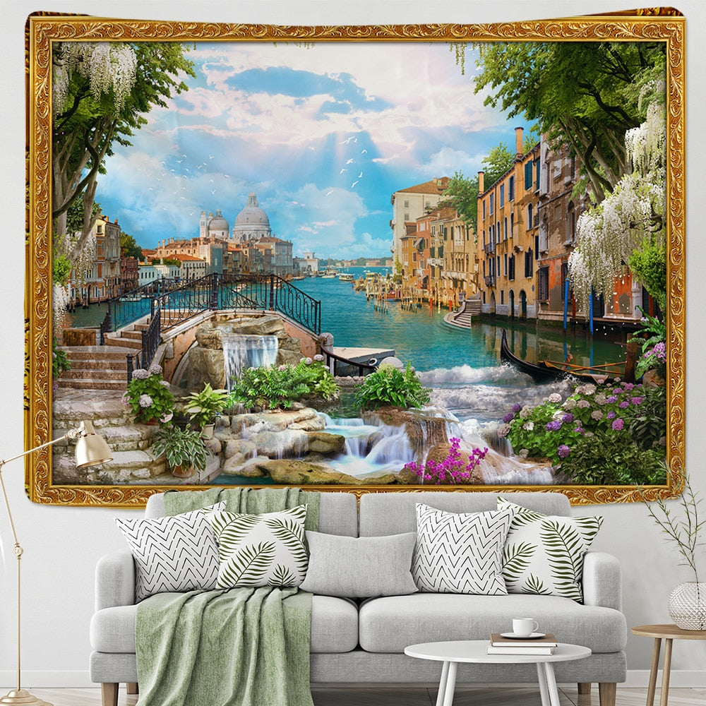 Fake Frame Tapestry Wall Hanging River Sky Clouds Bohemian Dorm Decor Yoga Mat Rug Architectural Attraction Venice - KiwisLove