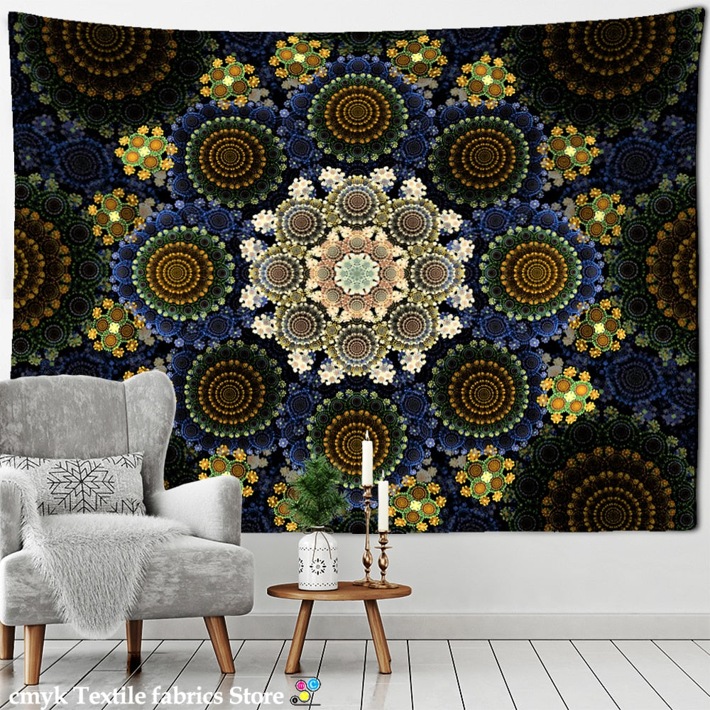 Mandala Pattern Tapestry Psychedelic Tai Chi Wall Hanging Dark Hippie Aesthetics Room Dormitory Living Home Decor - KiwisLove