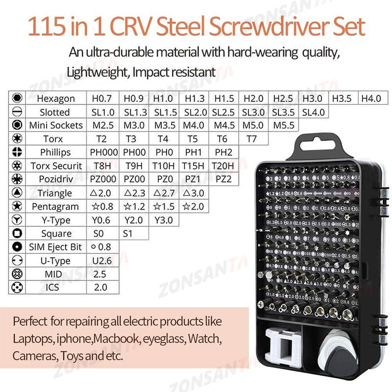 ZONSANTA 115 in 1 Precision Screwdriver Set Magnetic Screw Driver Bit Set Phillips Torx Hex Phone Repair Device Hand Tools Kit - KiwisLove