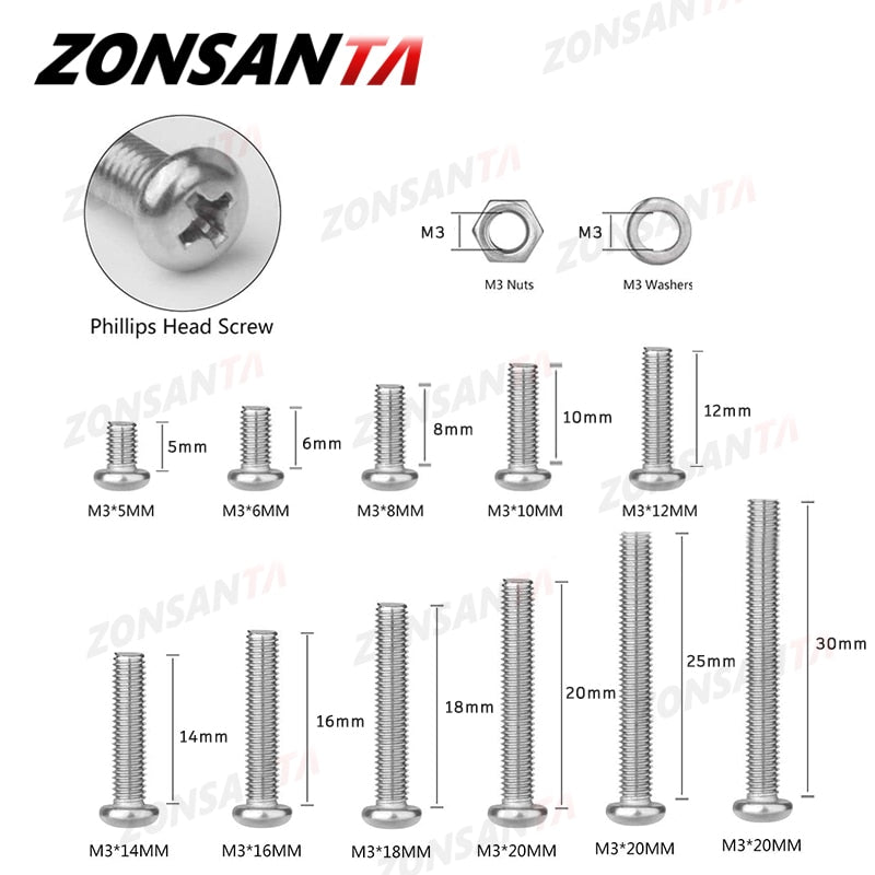 ZONSANTA 480/660pcs Cross Round Head Screw Set M2 M2.5 M3 M4 Nut Washer Stainless Steel Phillips Recessed Pan Head Machine Screw - KiwisLove