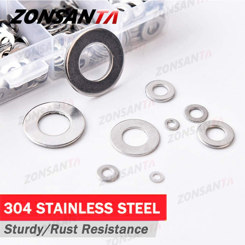 550/730pcs Flat Washer Set Stainless Steel Sealing Solid Ring Plain Gasket Kit M2 M2.5 M3 M4 M5 M6 M8 M10 M12 Assortment Kit - KiwisLove