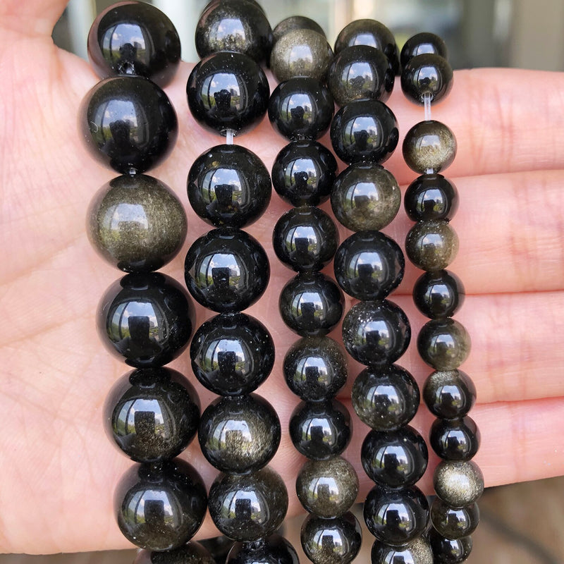 Natural Stone Gold Obsidian Veins Charm Round Loose Beads 6 8 10 12MM For Jewelry Making Fit DIY Bracelet Accessories 15&quot;Inches - KiwisLove