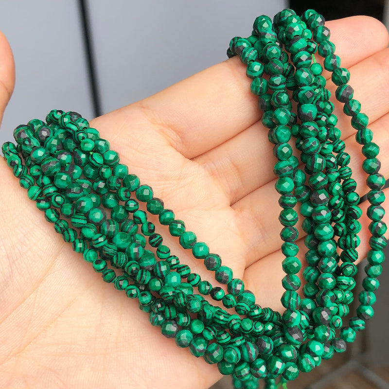 Natural Stone Faceted Green Malachite Spacer Beads for Jewelry DIY 2 3 4mm Small Round Beads Making Bracelet Accessories 15&#39;&#39;