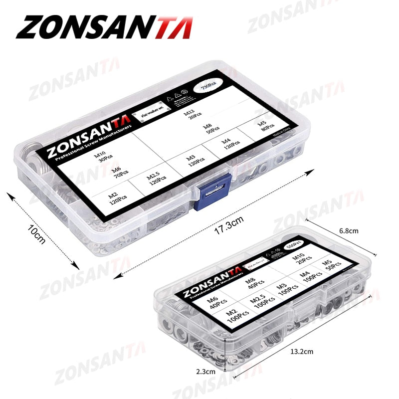 550/730pcs Flat Washer Set Stainless Steel Sealing Solid Ring Plain Gasket Kit M2 M2.5 M3 M4 M5 M6 M8 M10 M12 Assortment Kit - KiwisLove