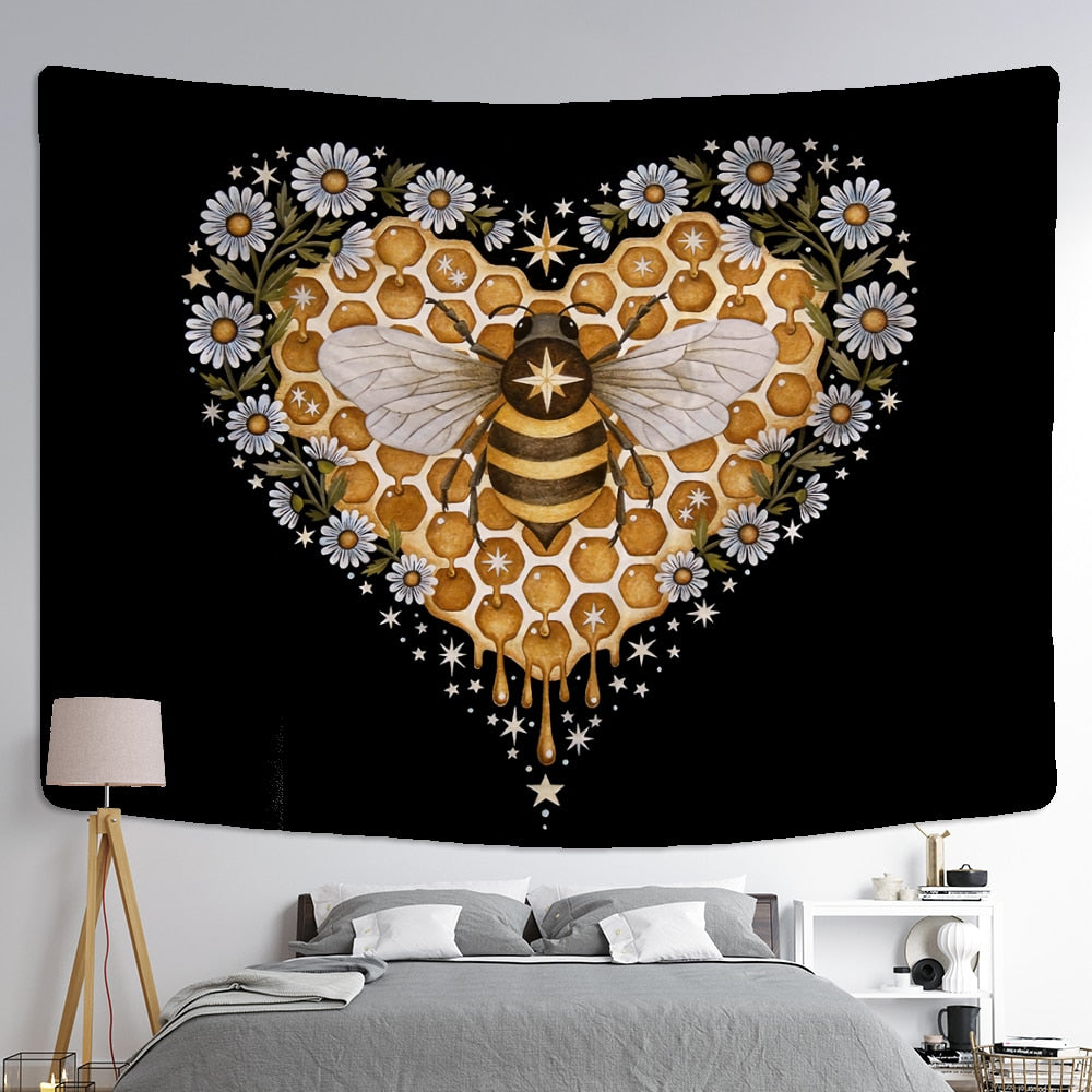 Bee Floral Tapestry Wall Hanging Daisy Bohemian Hippie Witchcraft Plant Bedroom Ins Style Dormitory Home Decor - KiwisLove