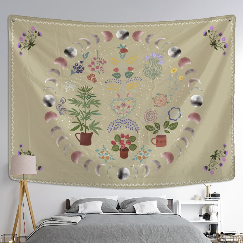 Moon Phase Tapestry Wall Hanging Plants Celestial Flowers Starry Sky Bohemian Witchcraft Hippie Home Decor - KiwisLove