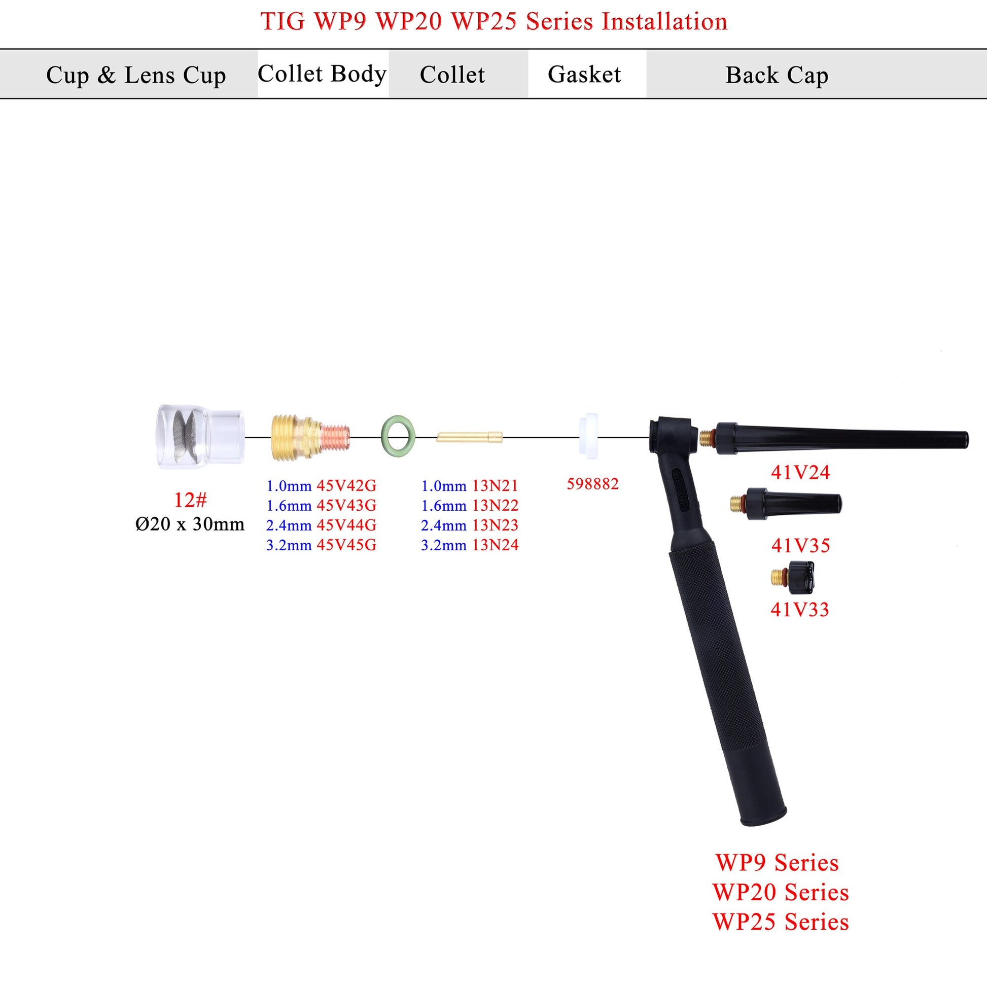 12pcs TIG Welding  #12 High Temperature Glass Cups Kit Torches WP9 20 25 Stubby Collets Body Gas Lens Sets - KiwisLove
