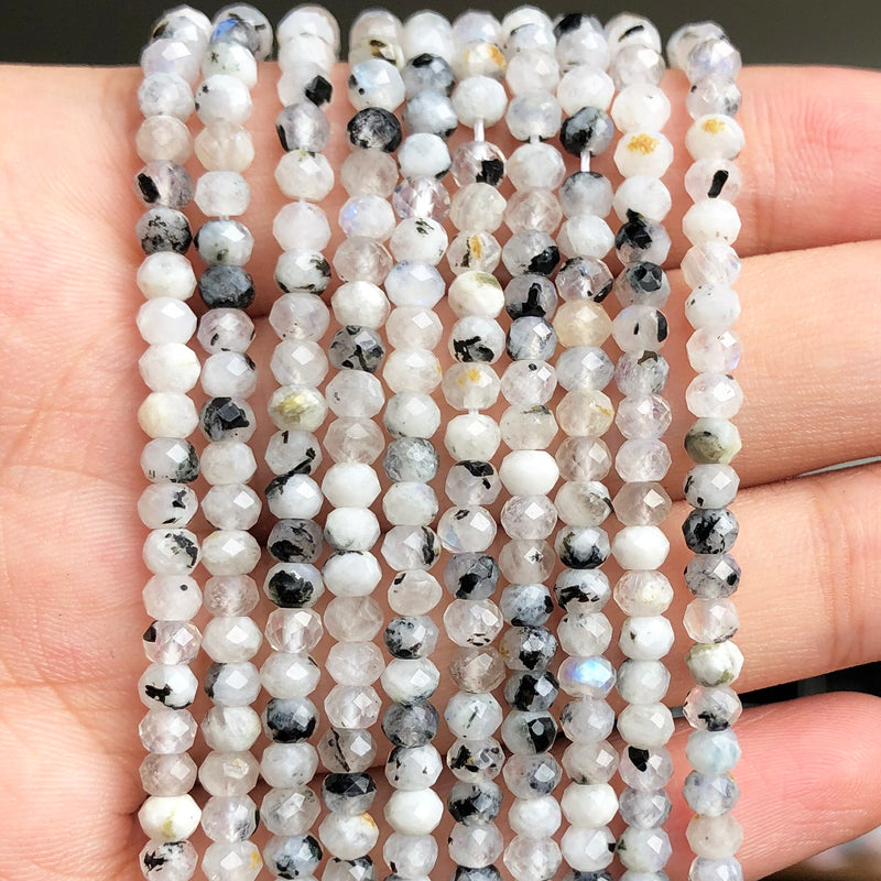 4x3mm Natural Stone Faceted Black Dot Blue Moonstone Loose Rondelle Small Waist Beads for Jewelry Making DIY Women&