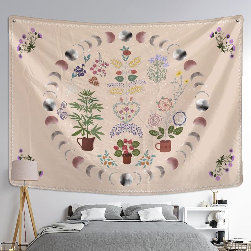 Moon Phase Tapestry Wall Hanging Plants Celestial Flowers Starry Sky Bohemian Witchcraft Hippie Home Decor - KiwisLove