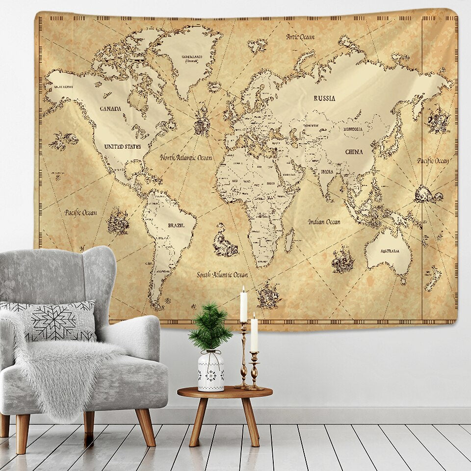 Retro World Map Wall Hanging Tapestry Sleeping Pad Wall Tapestry Art Round Towel Beach Blanket Decor - KiwisLove