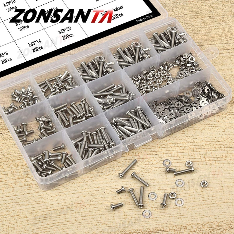 ZONSANTA 480/660pcs Cross Round Head Screw Set M2 M2.5 M3 M4 Nut Washer Stainless Steel Phillips Recessed Pan Head Machine Screw - KiwisLove
