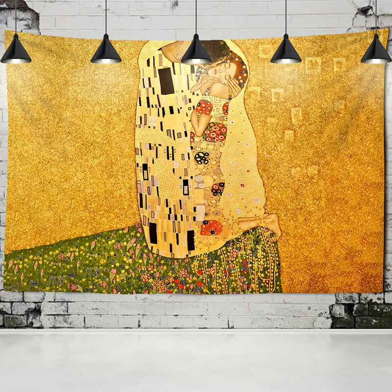 Gustav Klimt  Tapestry Wall Hanging Kiss Of Gold Abstract Art Decoration Polyester Blanket Yoga Mat Home Bedroom Art - KiwisLove