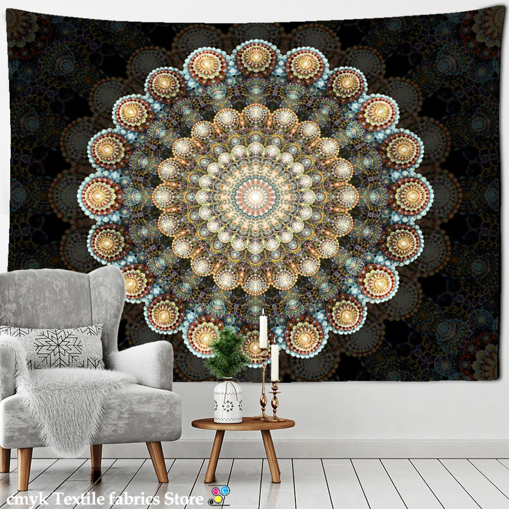 Mandala Pattern Tapestry Psychedelic Tai Chi Wall Hanging Dark Hippie Aesthetics Room Dormitory Living Home Decor - KiwisLove