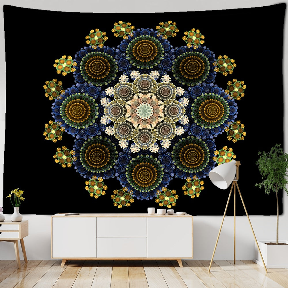 Mandala Pattern Tapestry Psychedelic Tai Chi Wall Hanging Dark Hippie Aesthetics Room Dormitory Living Home Decor - KiwisLove