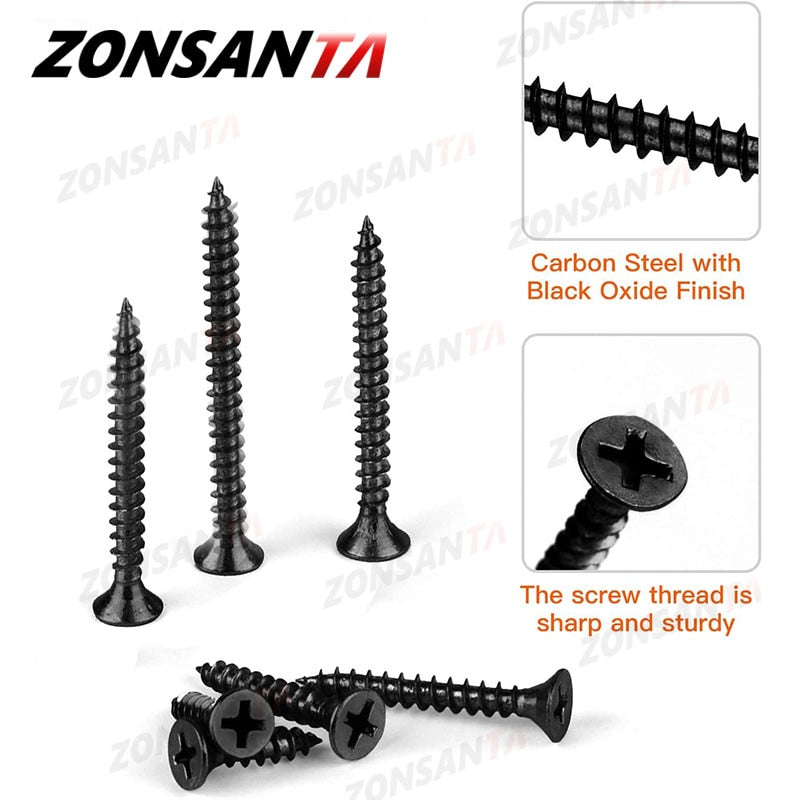 ZONSANTA 460pcs Black Countersunk Flat Head Self Tapping Screws Set M2 M3 M4 Carbon Steel Cross Wood Screw Assortment Kit - KiwisLove